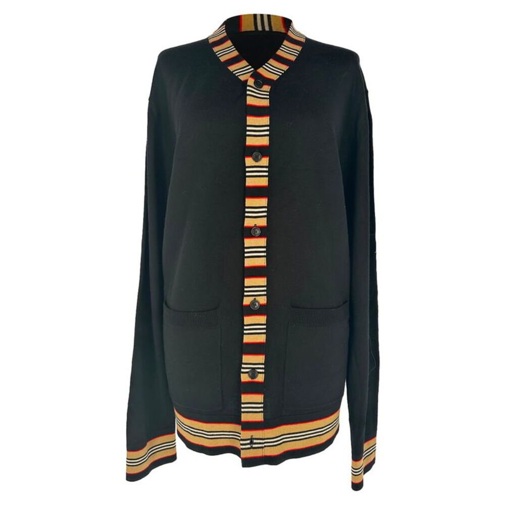 Burberry House Check Trim Cardigan in Black Wool